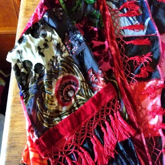 Midi PATCHWORK kimono VELVET SILK BLEND bead fringe COAT s/m - Picture 7 of 12